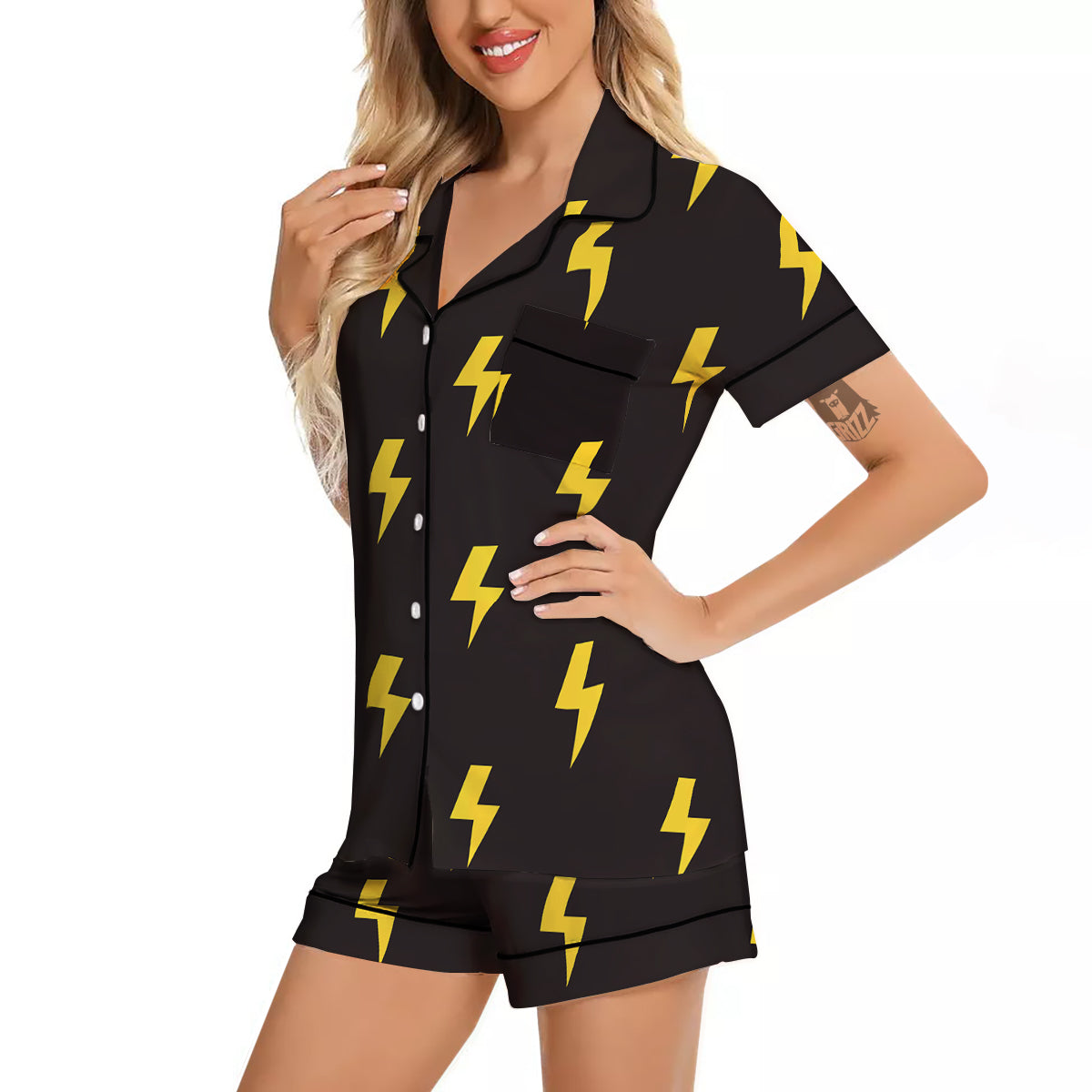 Lightning Bolts Yellow Print Pattern Women Silk Pajamas-grizzshop