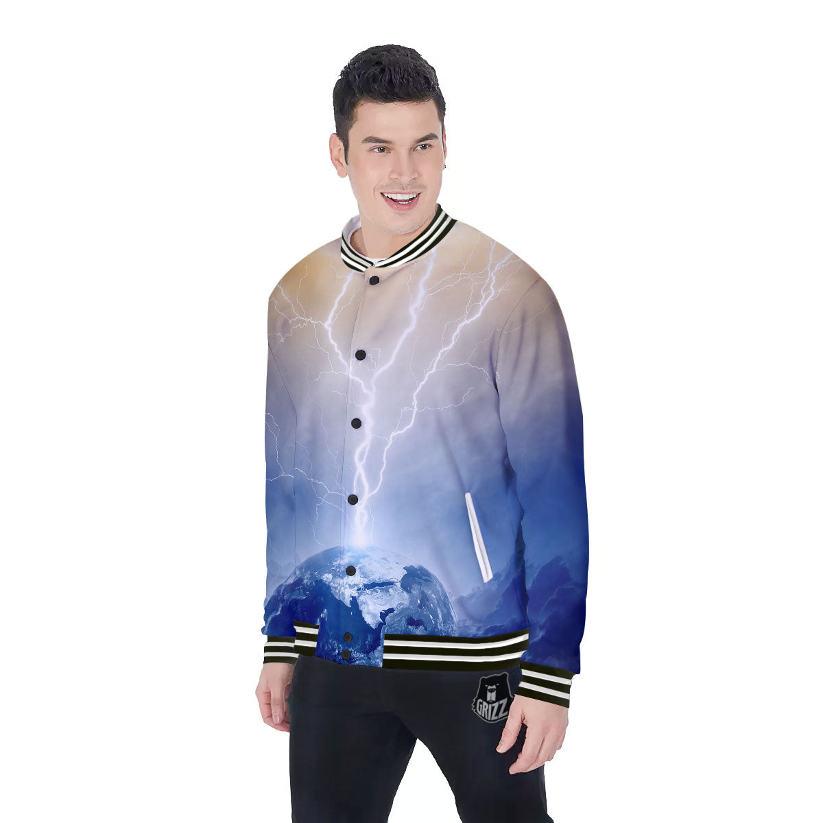 Lightning Destroy Planet Earth Print Baseball Jacket-grizzshop