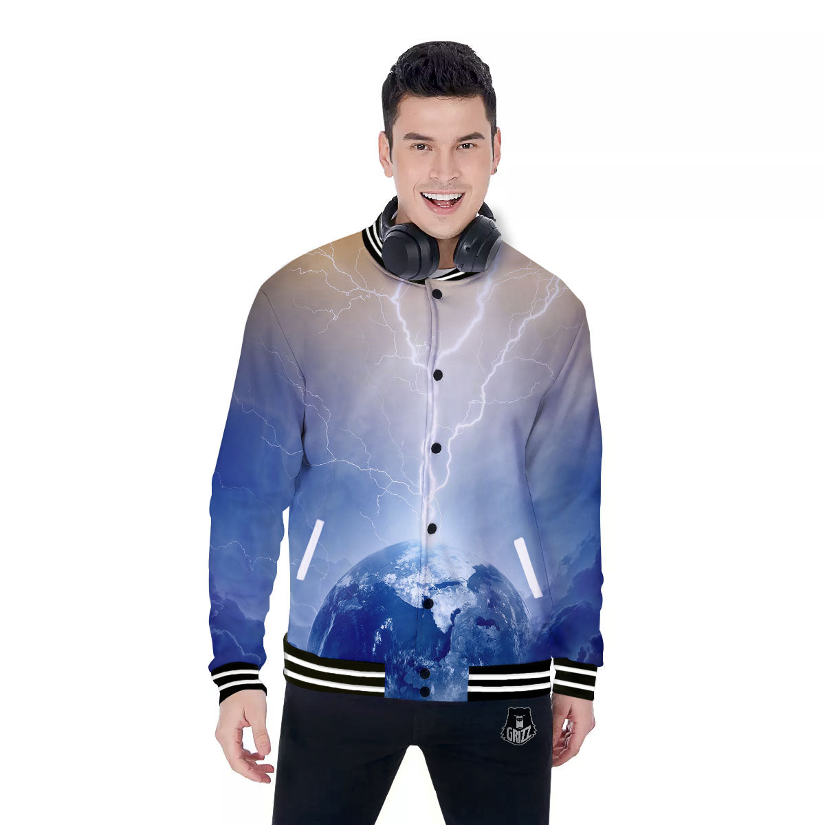 Lightning Destroy Planet Earth Print Baseball Jacket-grizzshop