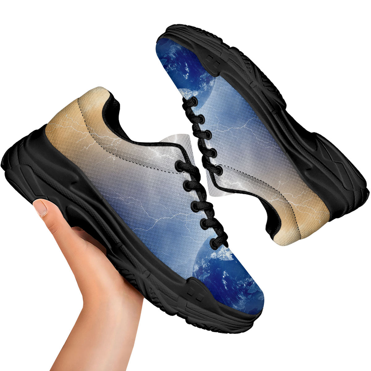 Lightning Destroy Planet Earth Print Black Chunky Shoes-grizzshop