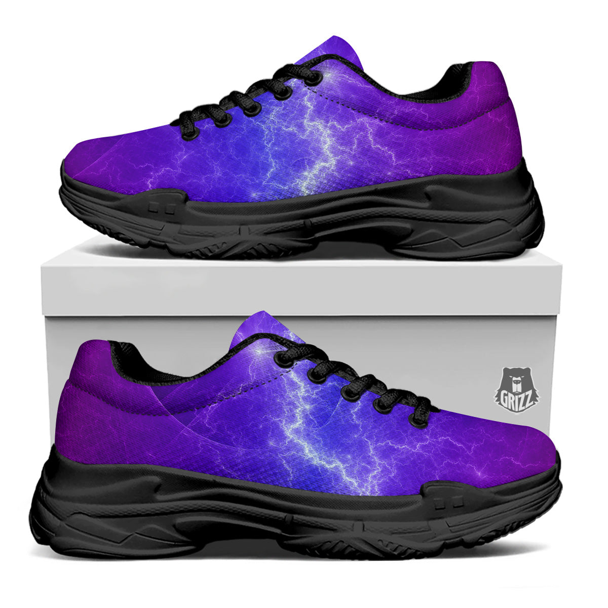 Lightning Purple And Blue Print Black Chunky Shoes-grizzshop