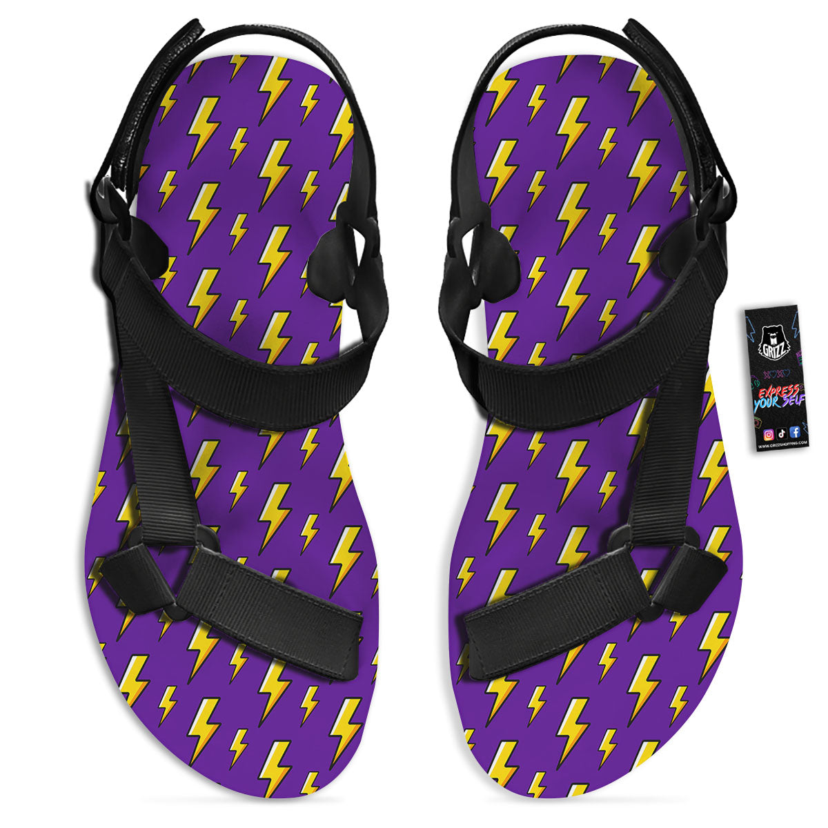 Lightning Purple Print Pattern Black Open Toe Sandals-grizzshop