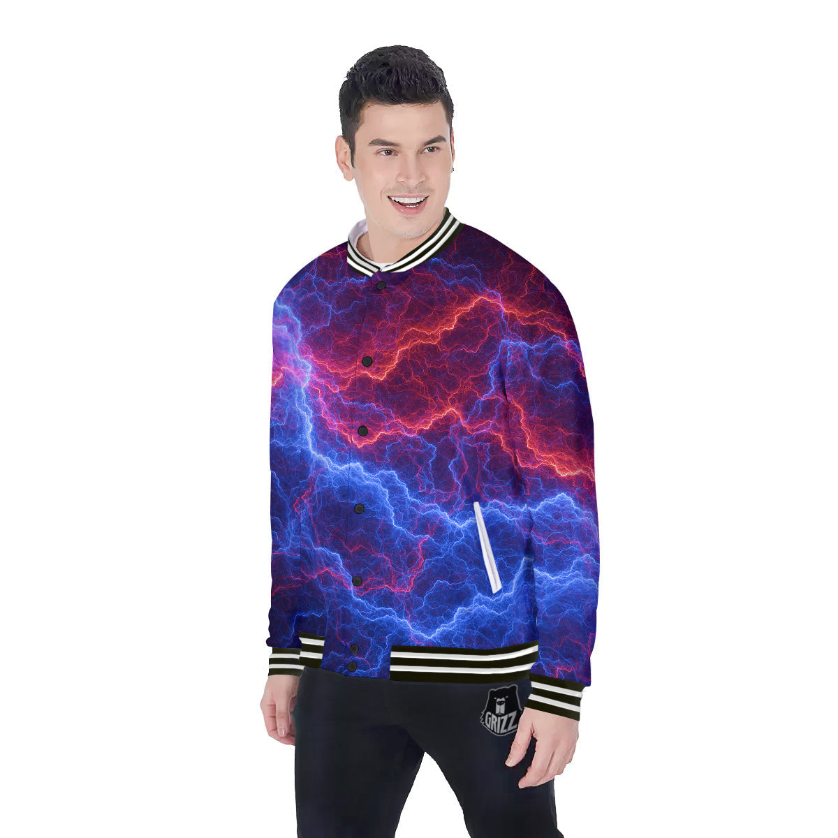Lightning Red And Blue Print Baseball Jacket-grizzshop