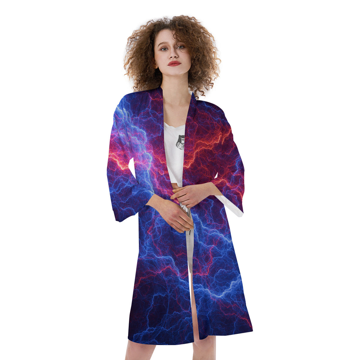 Lightning Red And Blue Print Kimono-grizzshop