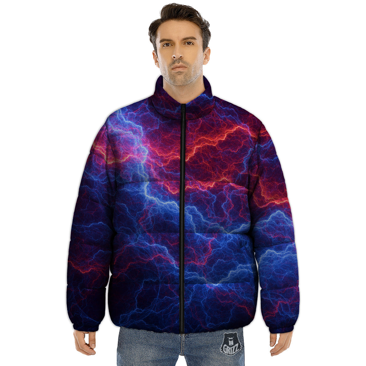Lightning Red And Blue Print Puffer Jacket-grizzshop