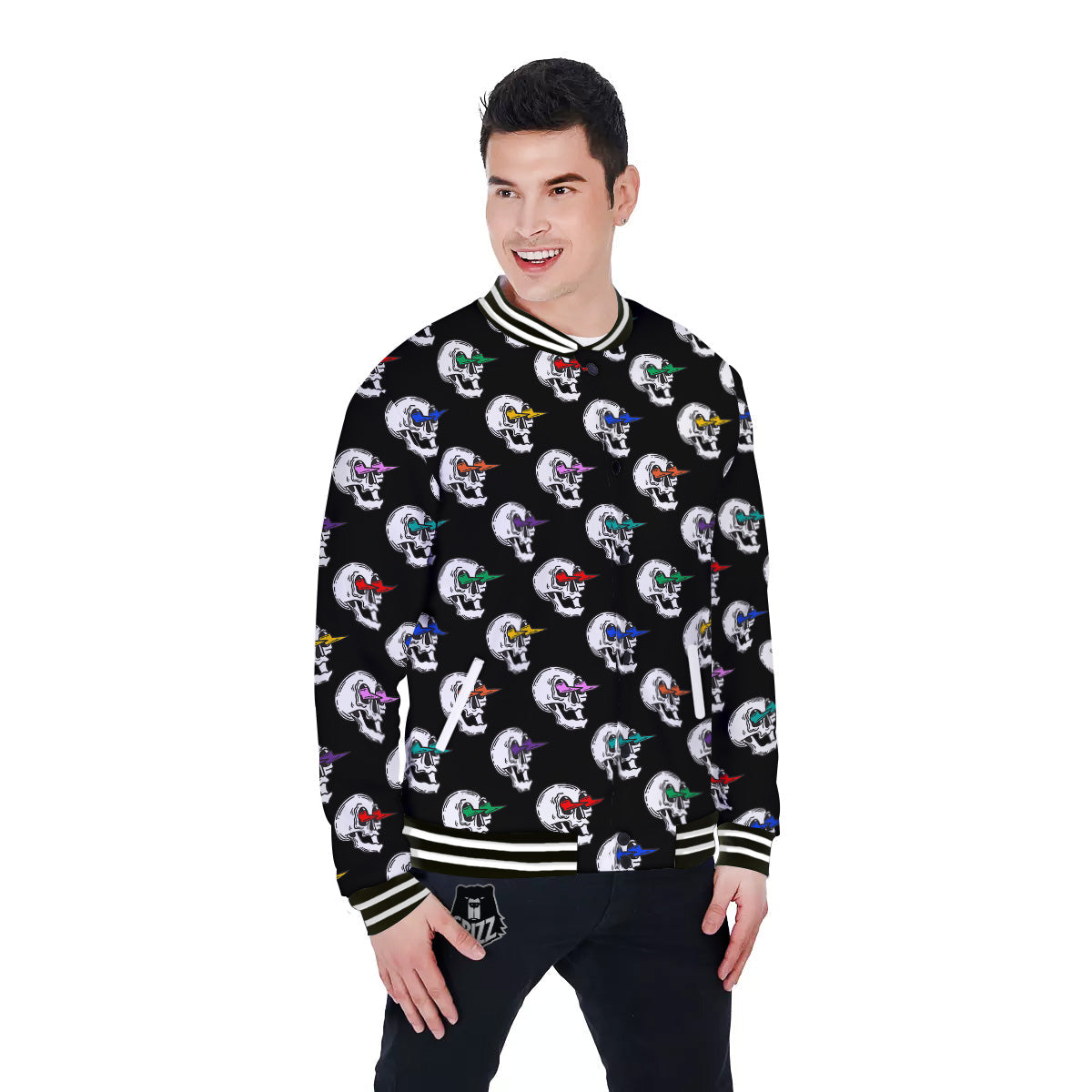 Lightning Skull Print Pattern Baseball Jacket-grizzshop
