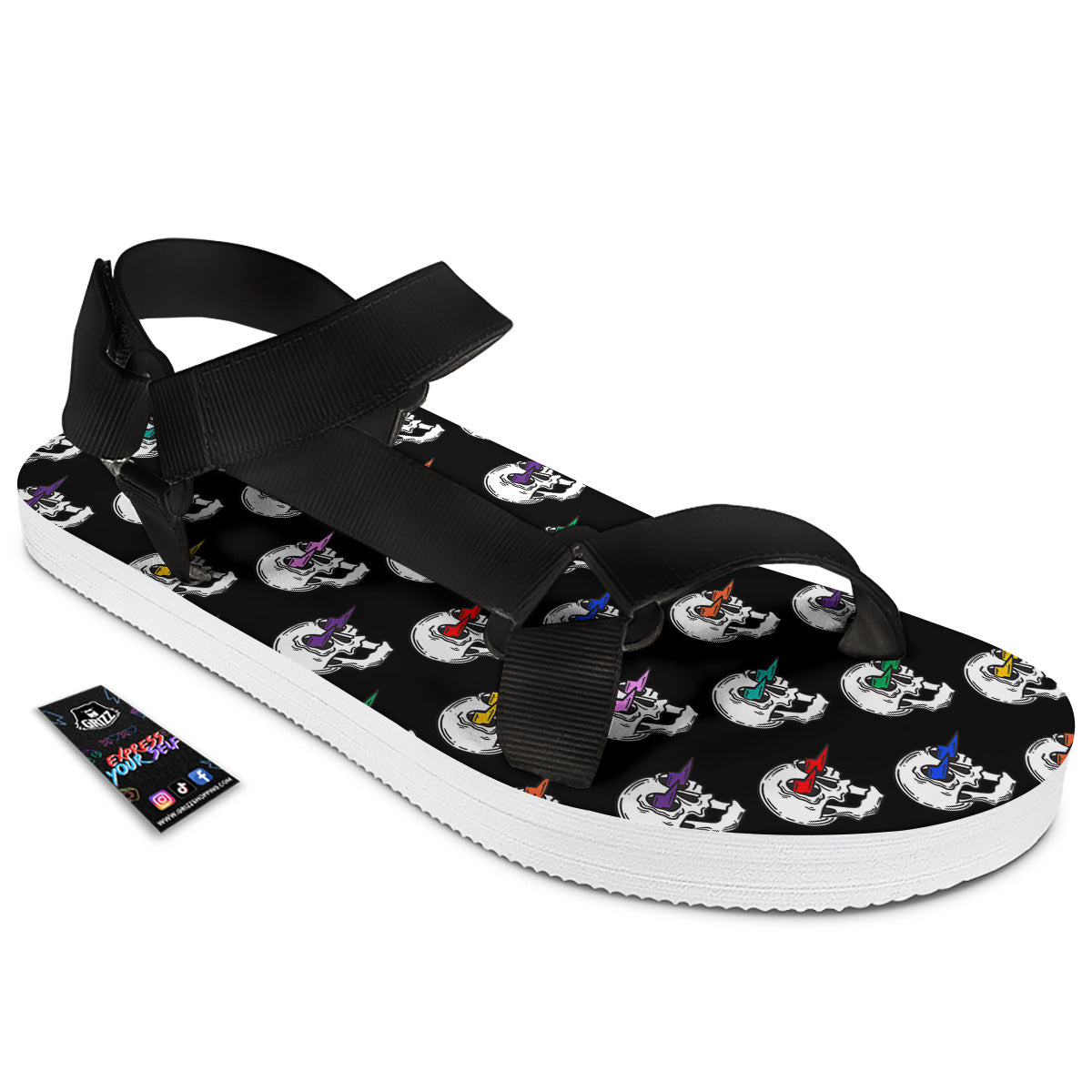 Lightning Skull Print Pattern Black Open Toe Sandals-grizzshop