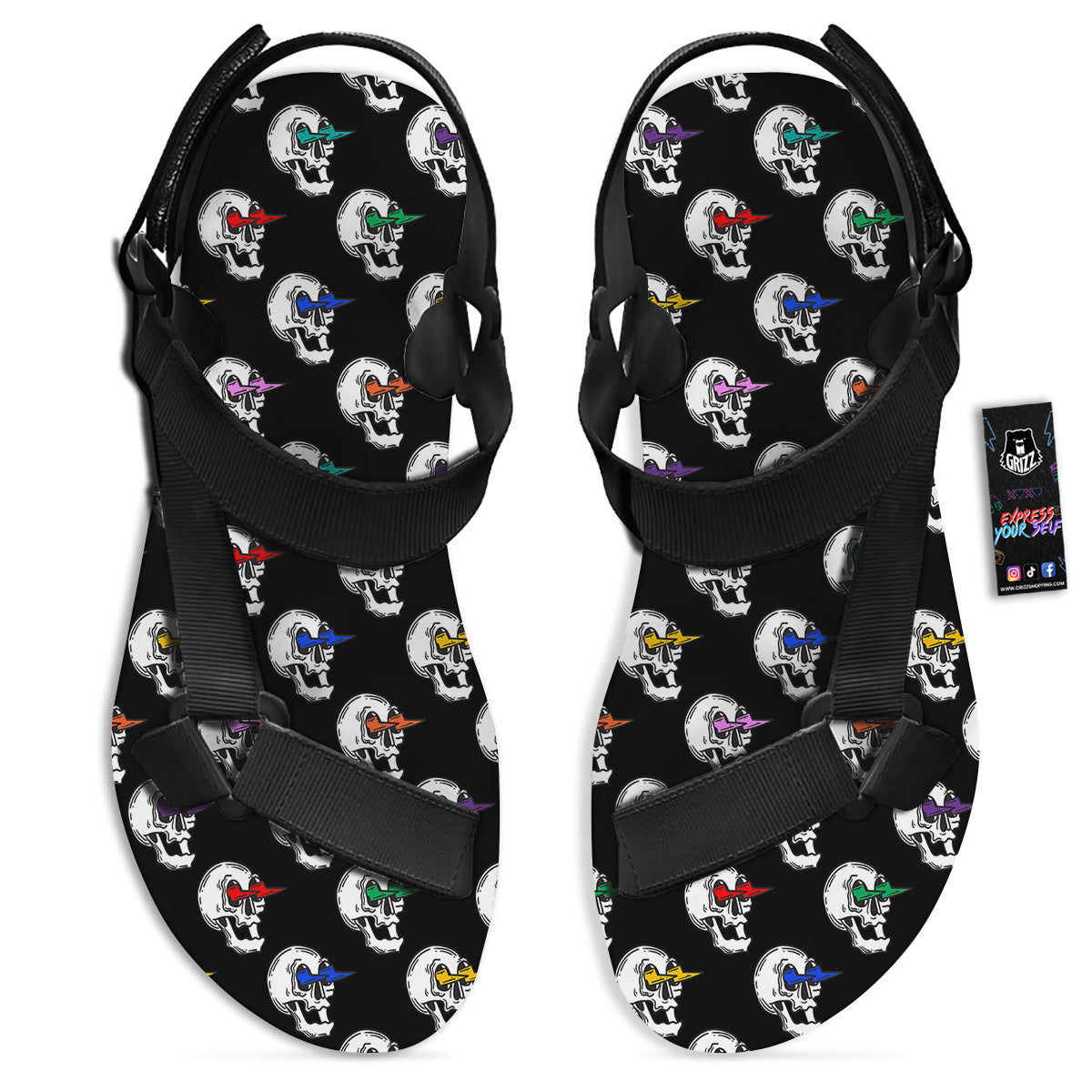 Lightning Skull Print Pattern Black Open Toe Sandals-grizzshop