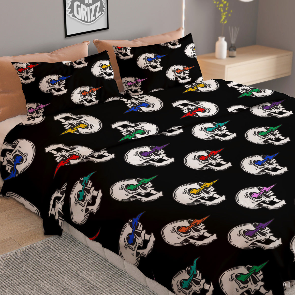 Lightning Skull Print Pattern Duvet Cover Bedding Set-grizzshop