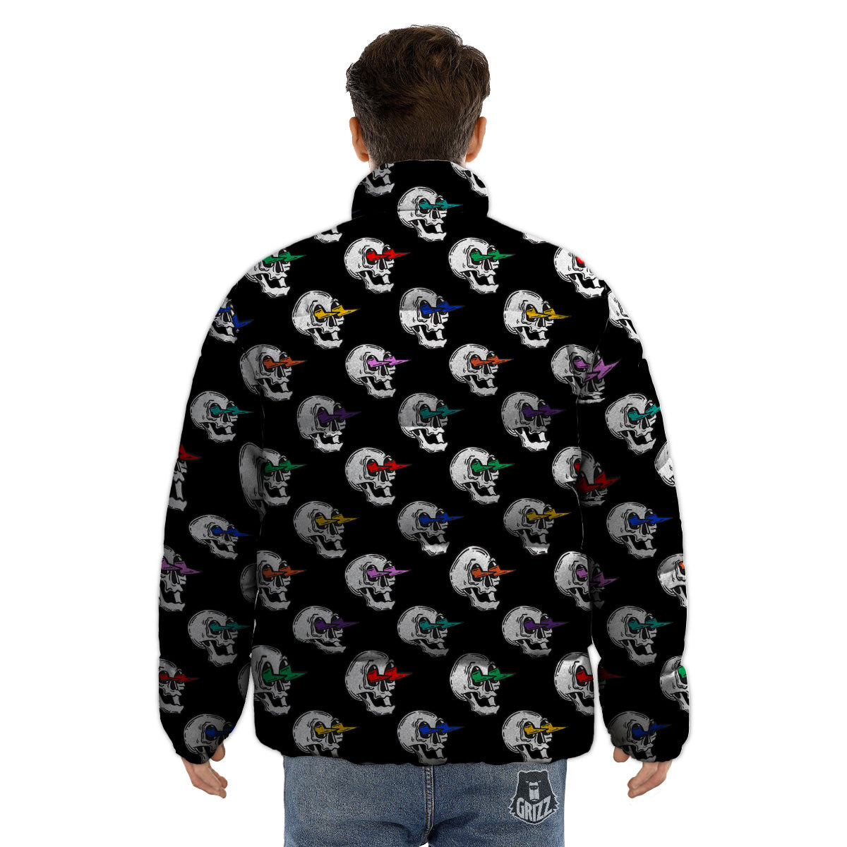Lightning Skull Print Pattern Puffer Jacket-grizzshop