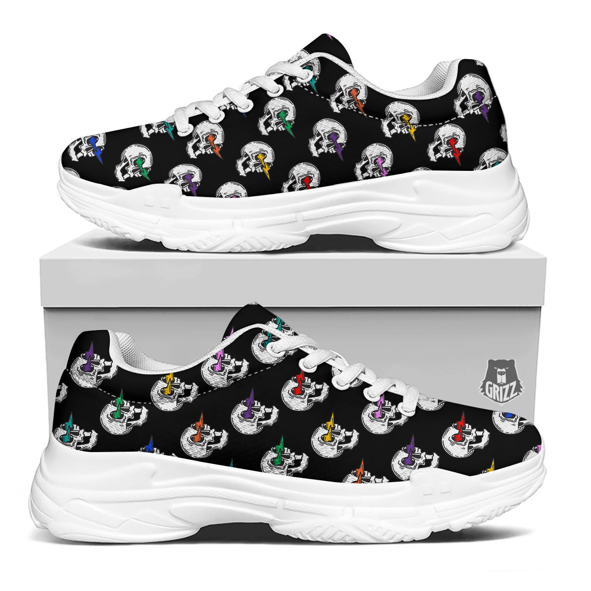 Lightning Skull Print Pattern White Chunky Shoes-grizzshop