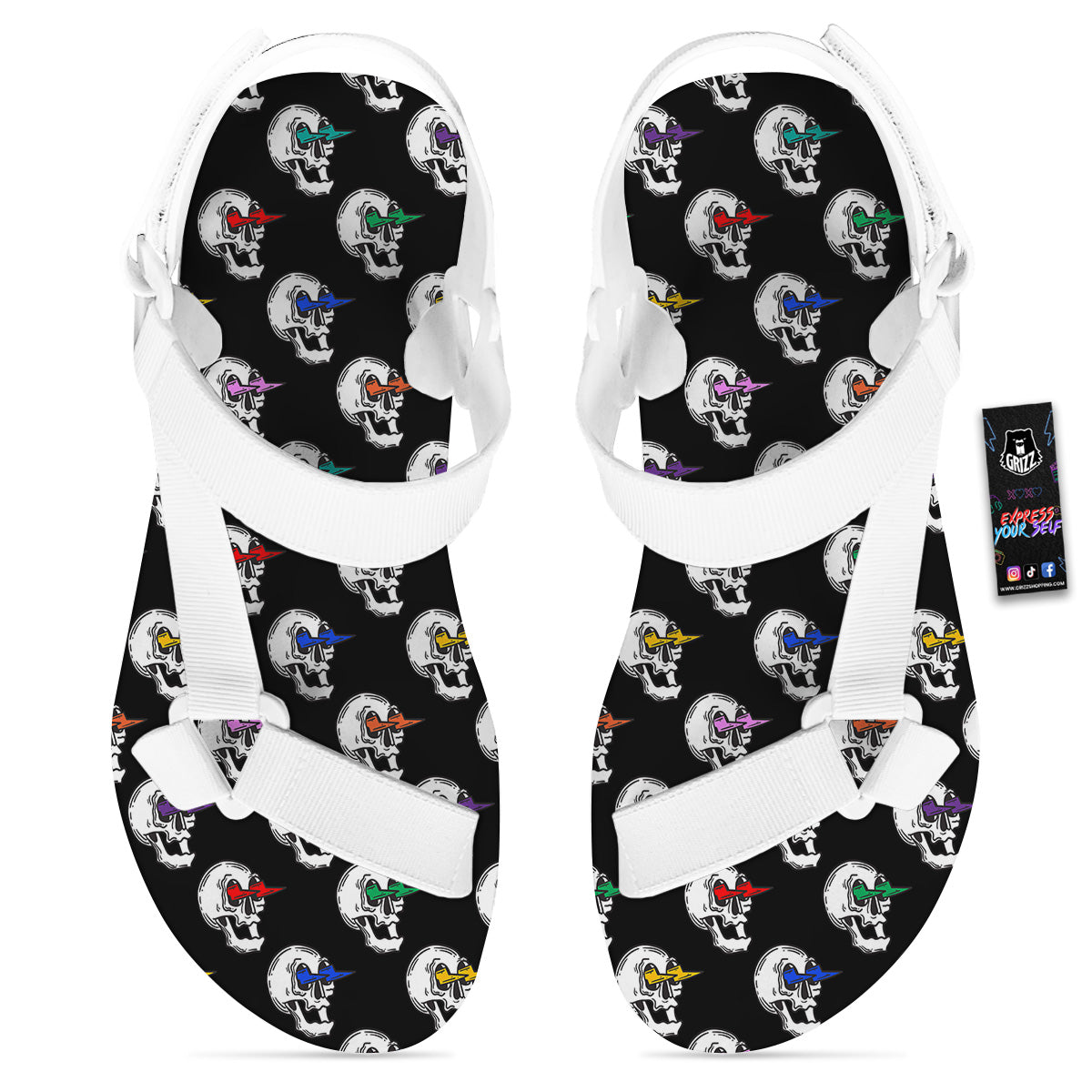Lightning Skull Print Pattern White Open Toe Sandals-grizzshop