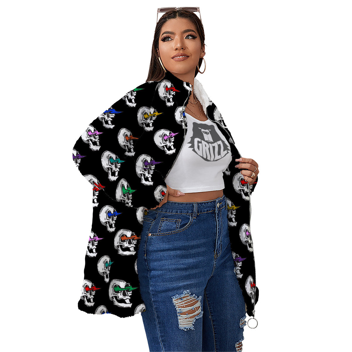 Lightning Skull Print Pattern Women's Sherpa Jacket-grizzshop