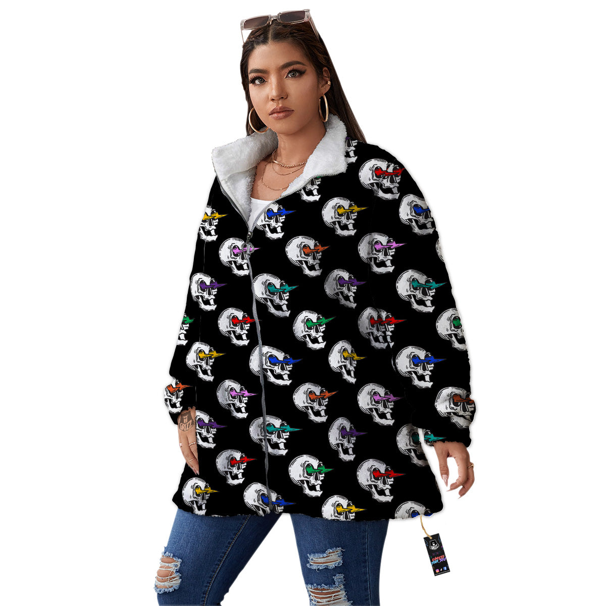 Lightning Skull Print Pattern Women's Sherpa Jacket-grizzshop