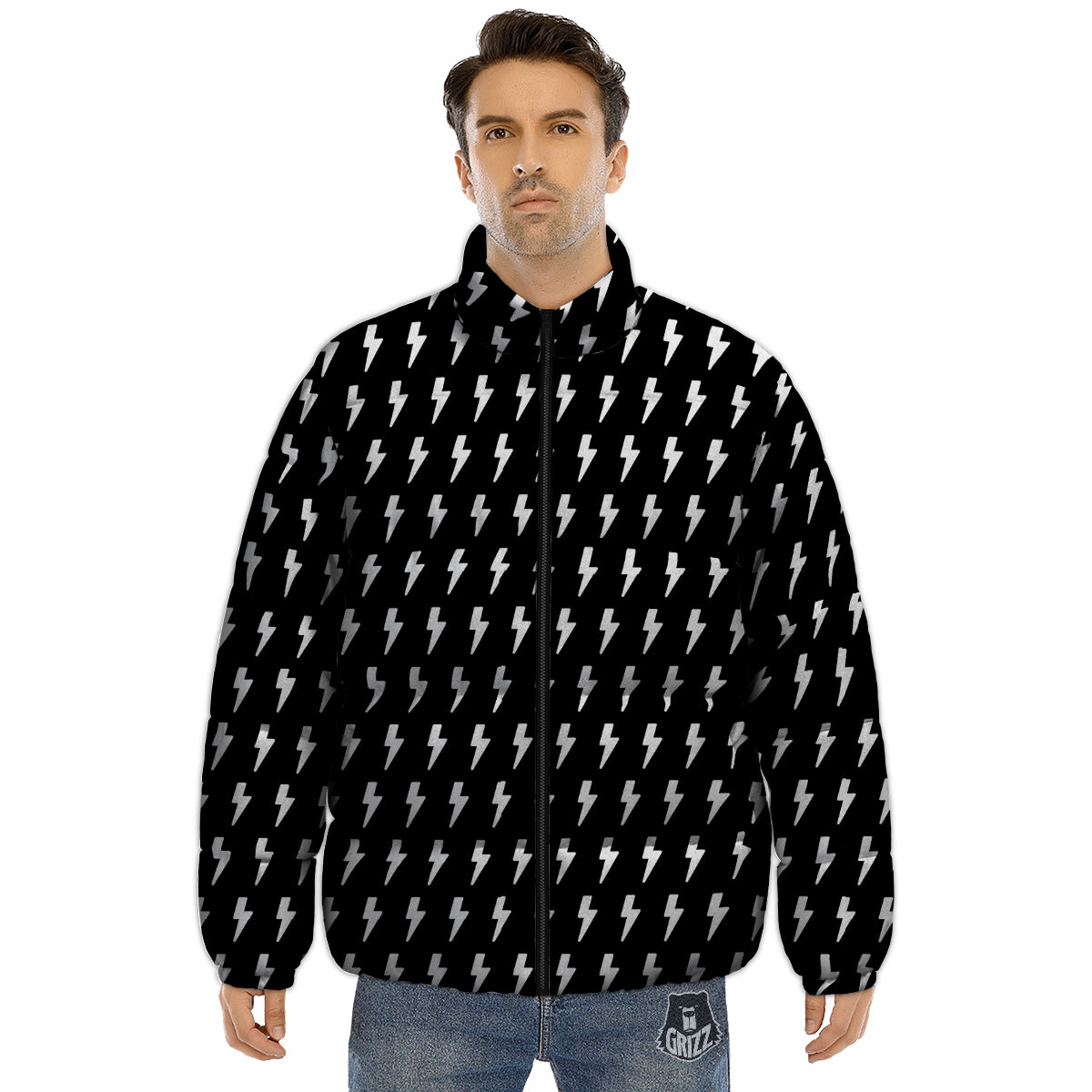 Lightning White And Black Print Pattern Puffer Jacket-grizzshop