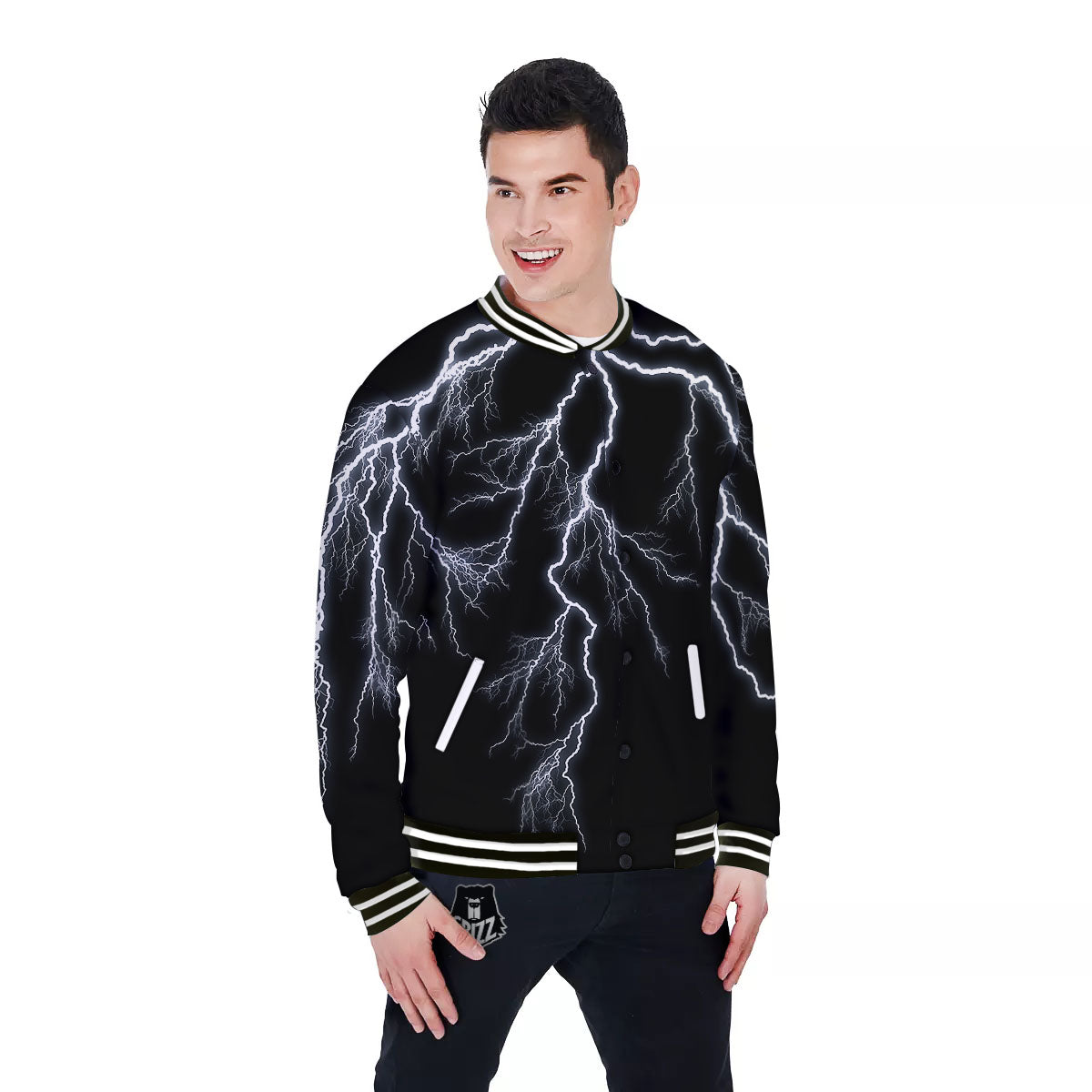 Lightning White Electric Print Baseball Jacket-grizzshop
