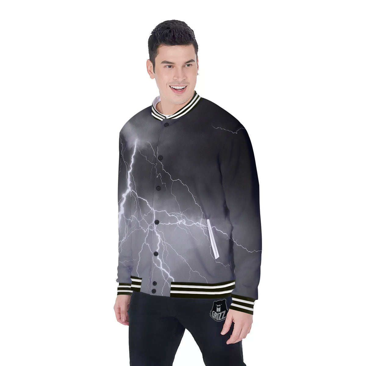 Lightning White Print Baseball Jacket-grizzshop