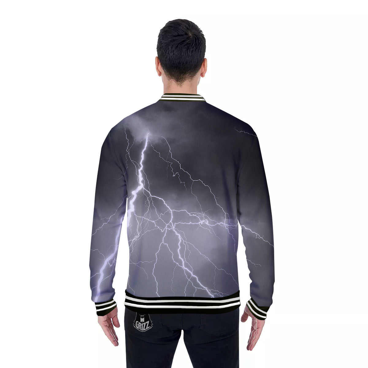 Lightning White Print Baseball Jacket-grizzshop