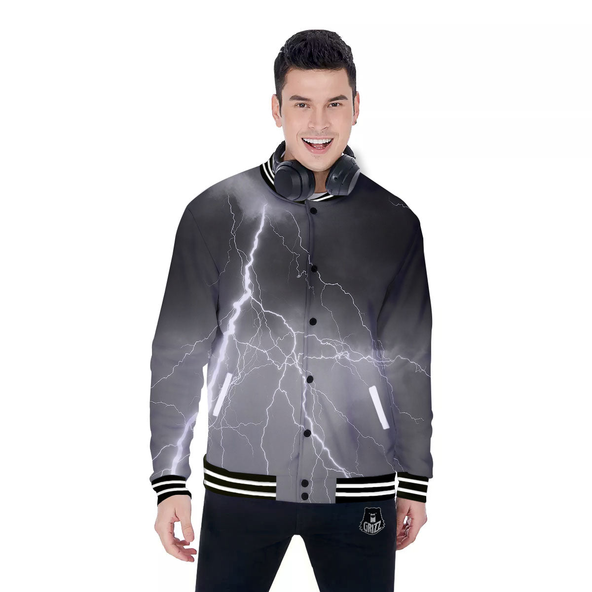Lightning White Print Baseball Jacket-grizzshop