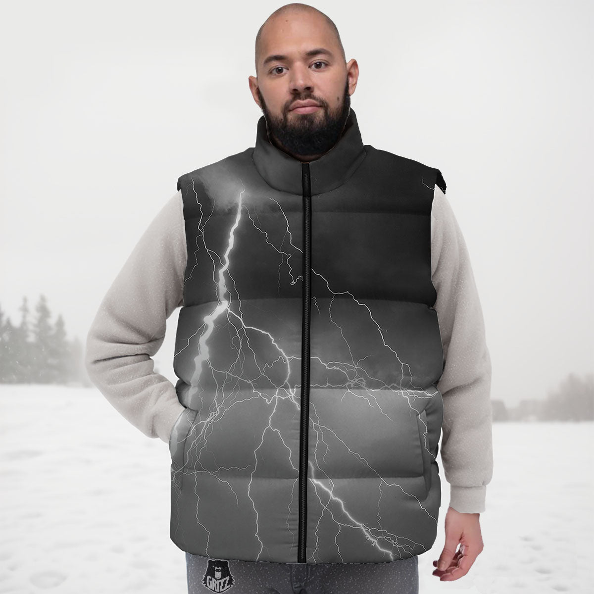 Lightning White Print Down Vest-grizzshop