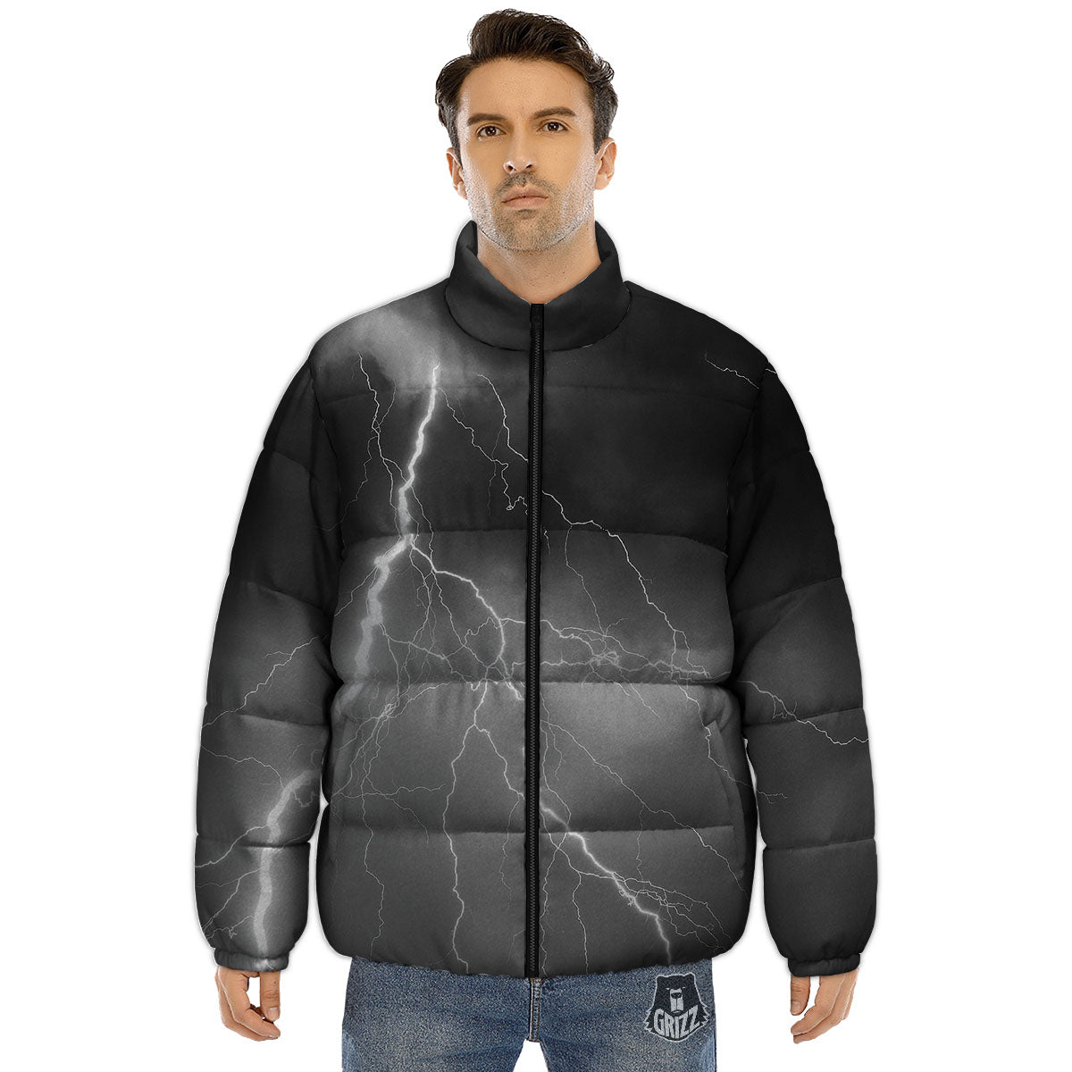 Lightning White Print Puffer Jacket-grizzshop