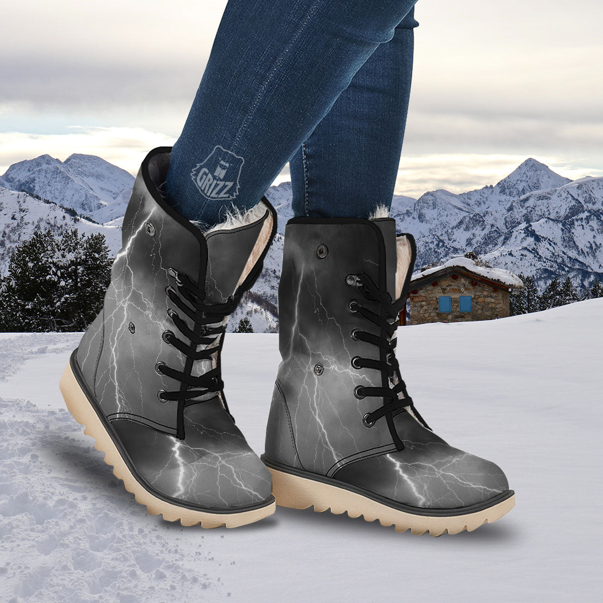 Lightning White Print Snow Boots-grizzshop