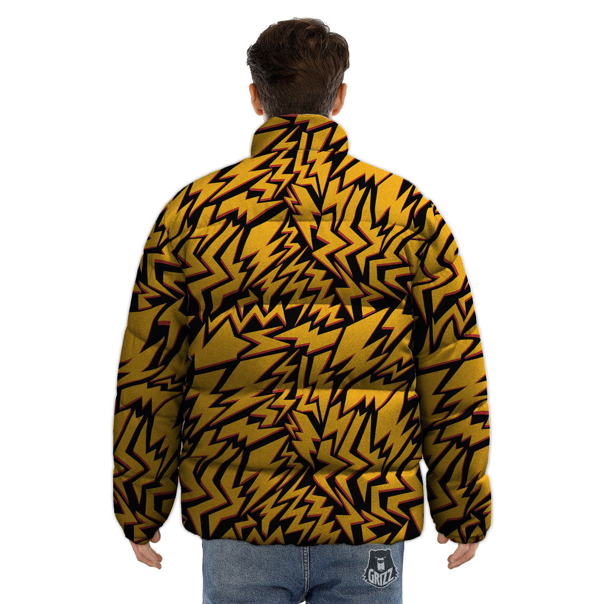 Lightning Yellow And Black Print Pattern Puffer Jacket-grizzshop