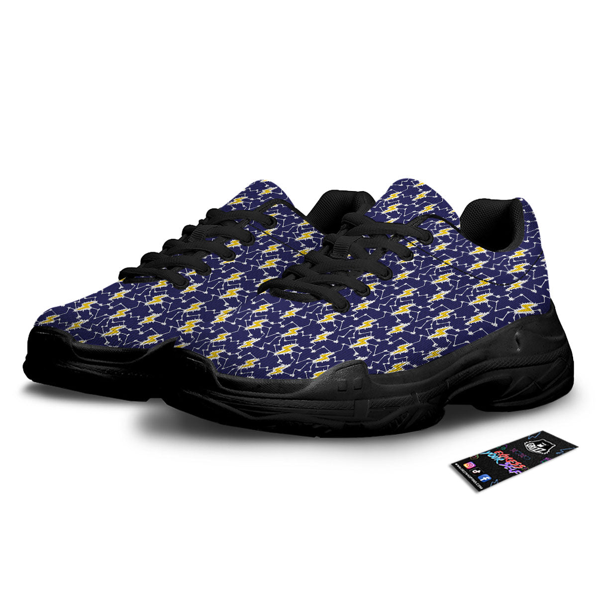 Lightning Yellow And Blue Print Pattern Black Chunky Shoes-grizzshop