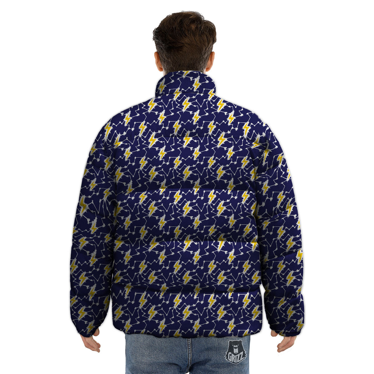 Lightning Yellow And Blue Print Pattern Puffer Jacket-grizzshop