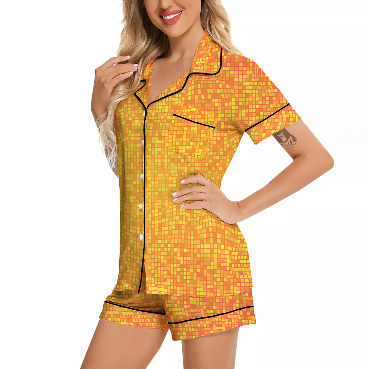 Lights Disco Yellow Print Pattern Women Silk Pajamas-grizzshop