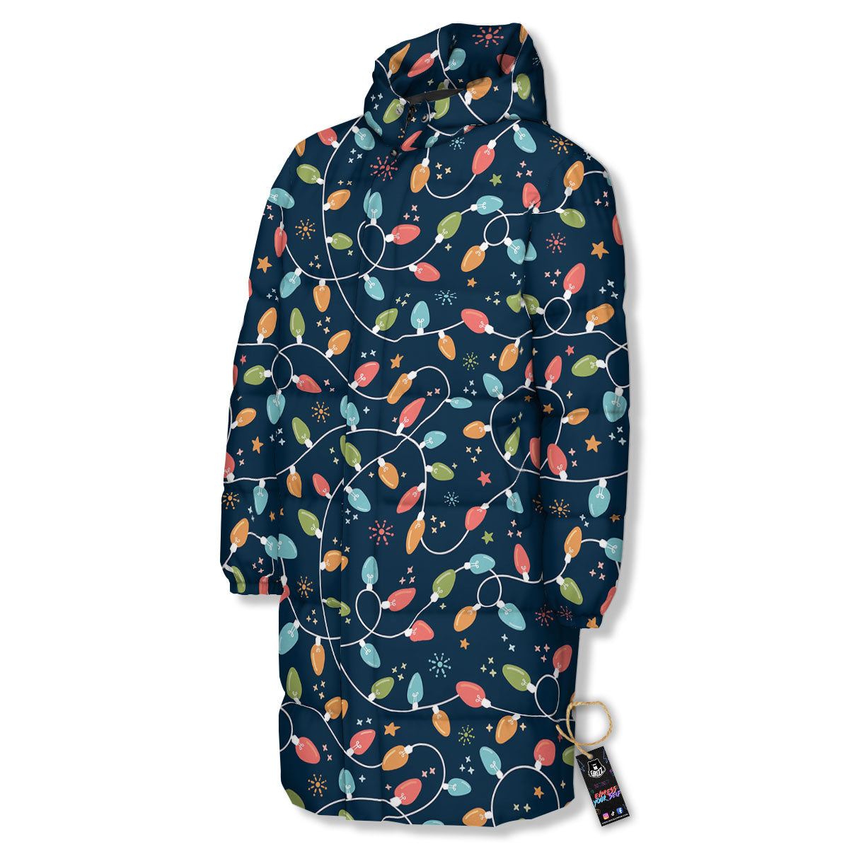 Lights Merry Christmas Print Pattern Long Down Jacket-grizzshop