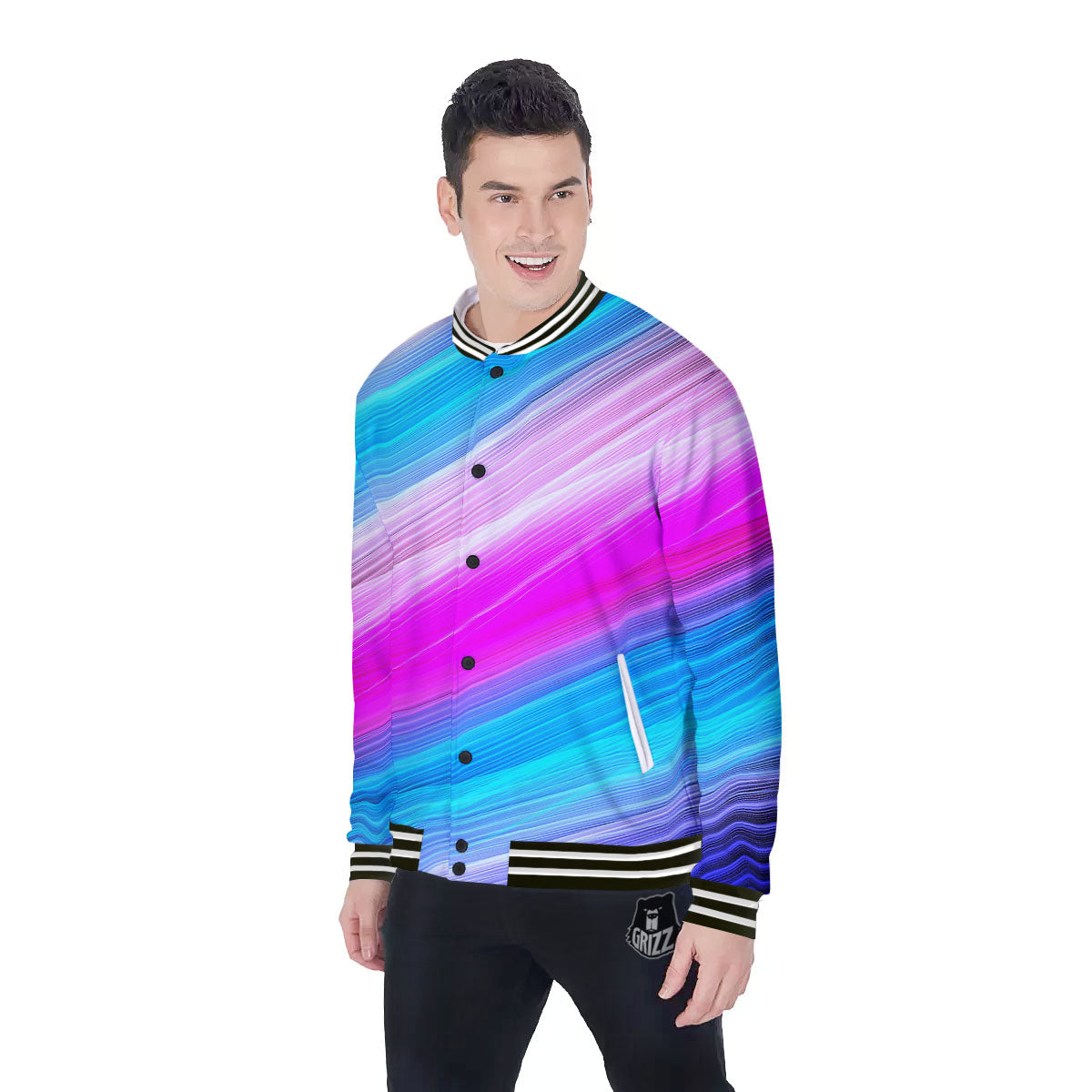 Lights Speed Teal And Pink Print Baseball Jacket-grizzshop