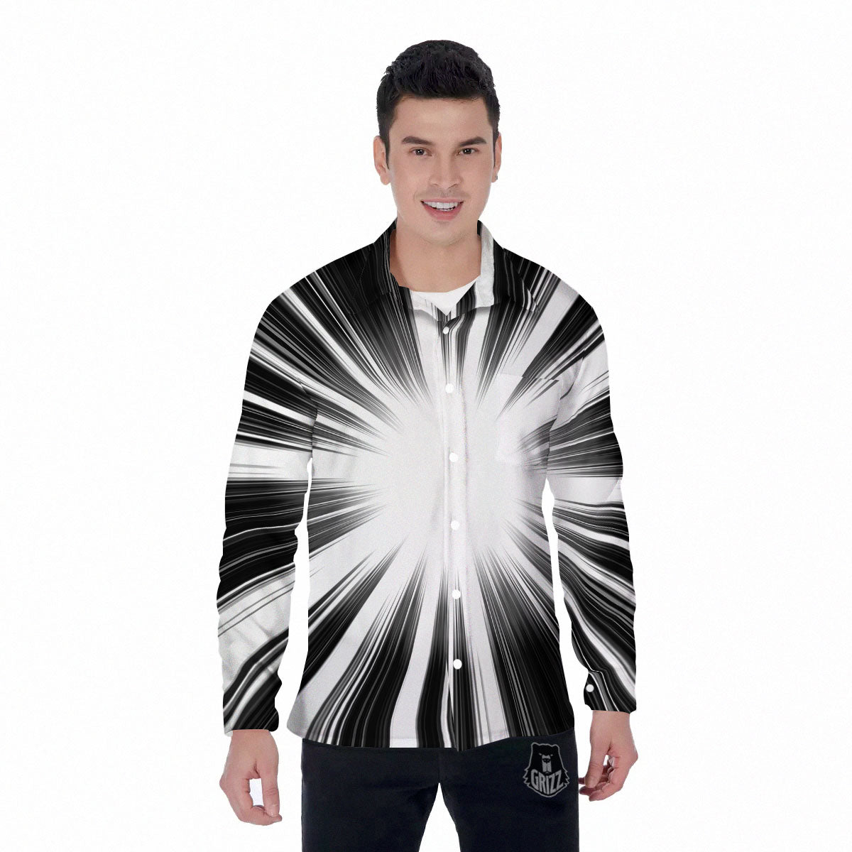 Lightspeed White And Black Print Men's Long Sleeve Shirts-grizzshop