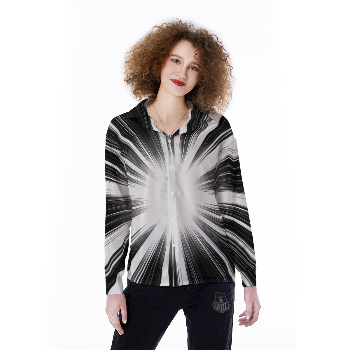 Lightspeed White And Black Print Women's Long Sleeve Shirts-grizzshop