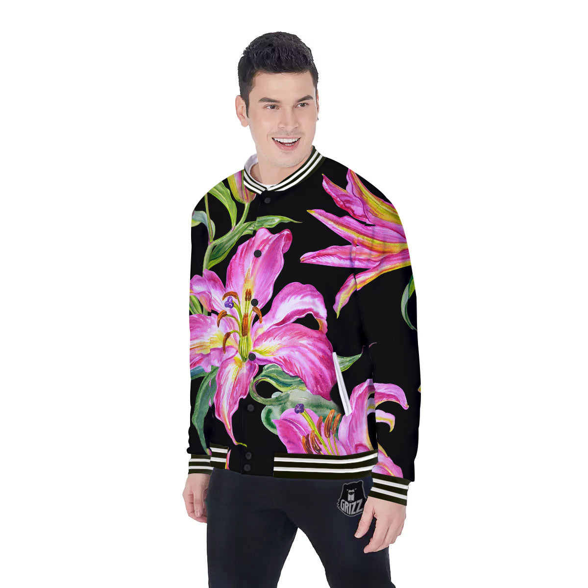 Lilies Pink Watercolor Print Baseball Jacket-grizzshop