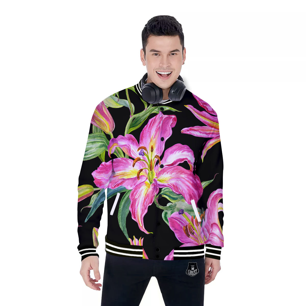 Lilies Pink Watercolor Print Baseball Jacket-grizzshop