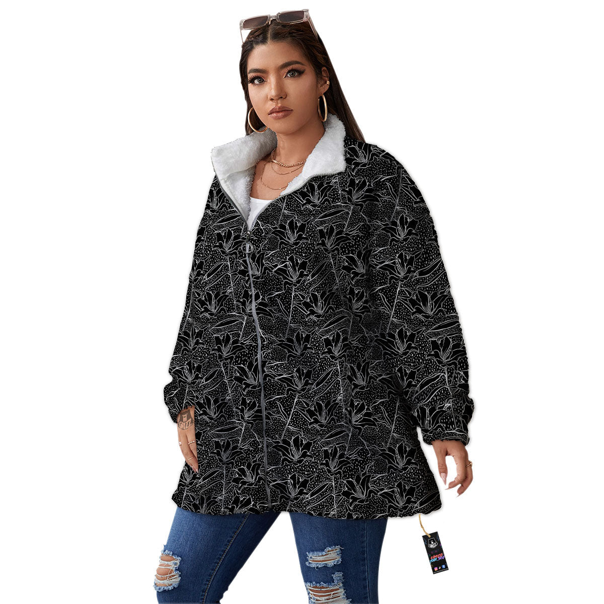 Lily Black And White Print Pattern Women's Sherpa Jacket-grizzshop