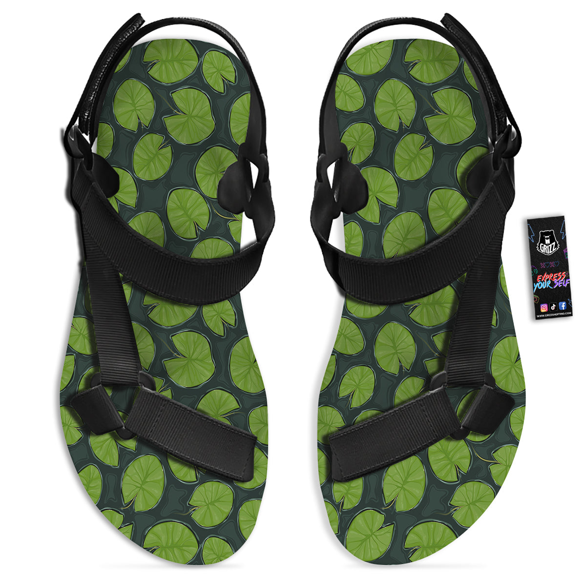 Lily Pads Water Print Pattern Black Open Toe Sandals-grizzshop