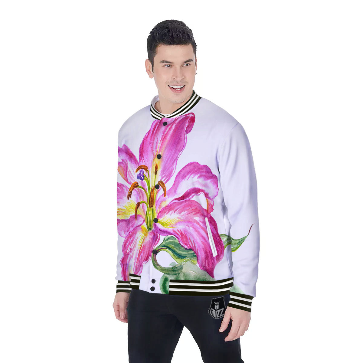 Lily Pink Watercolor Print Baseball Jacket-grizzshop