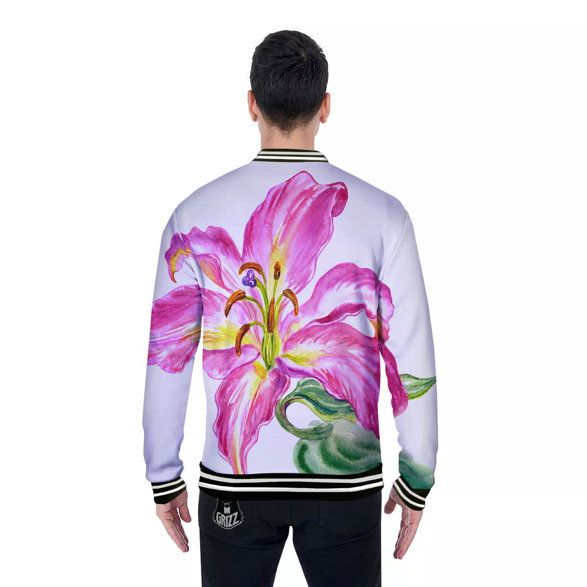 Lily Pink Watercolor Print Baseball Jacket-grizzshop