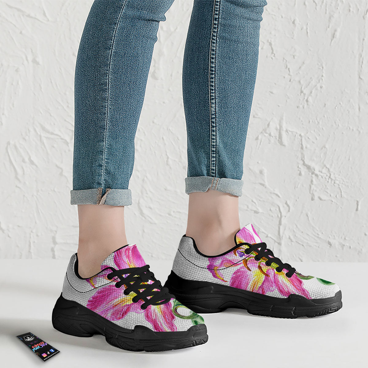 Lily Pink Watercolor Print Black Chunky Shoes-grizzshop