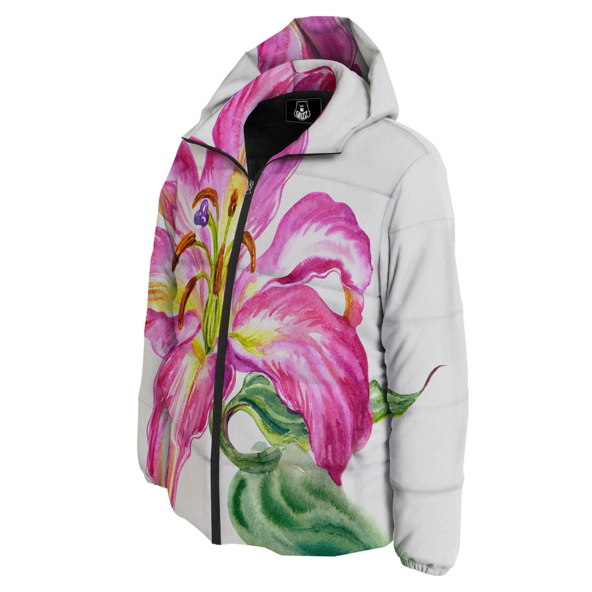 Lily Pink Watercolor Print Down Jacket-grizzshop