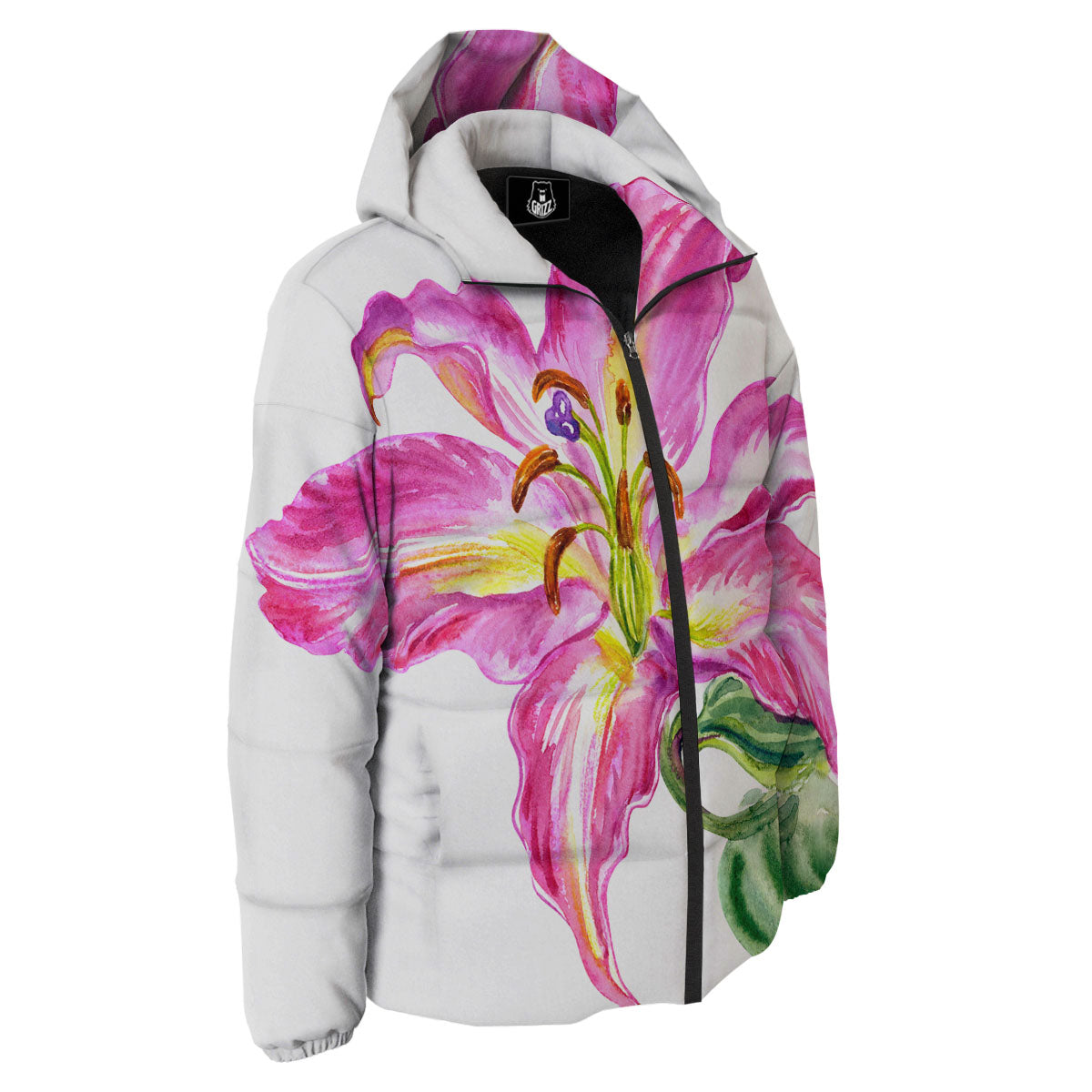 Lily Pink Watercolor Print Down Jacket-grizzshop