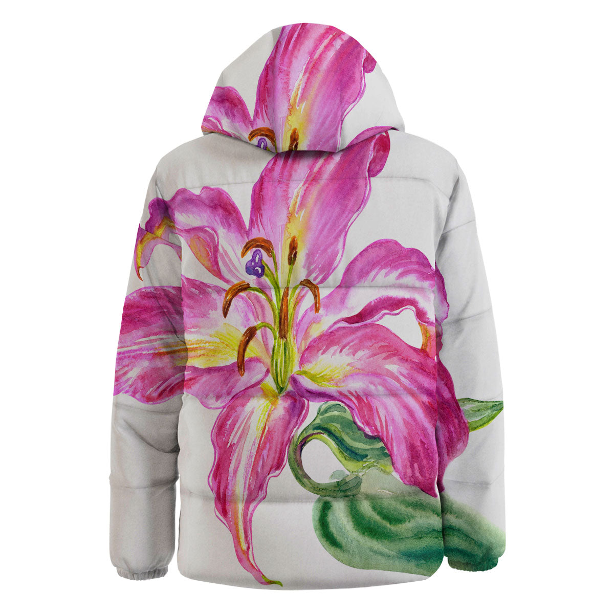 Lily Pink Watercolor Print Down Jacket-grizzshop