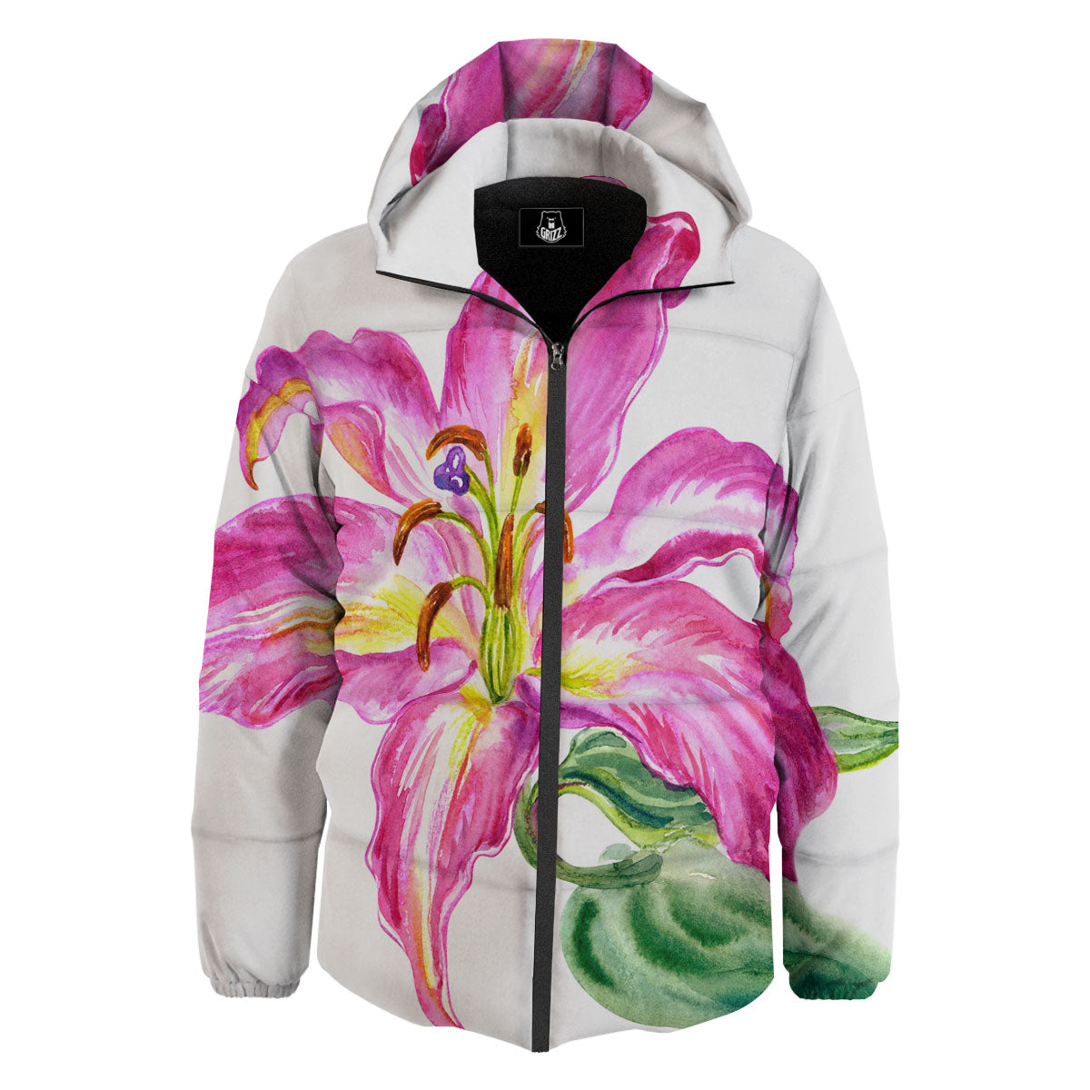 Lily Pink Watercolor Print Down Jacket-grizzshop