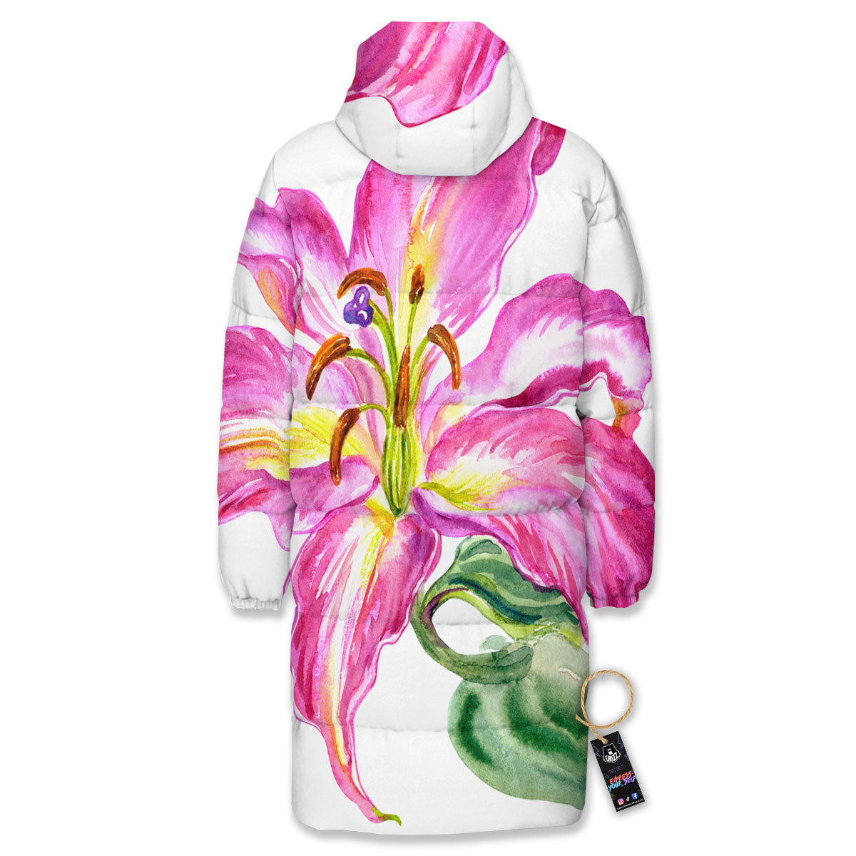 Lily Pink Watercolor Print Long Down Jacket-grizzshop