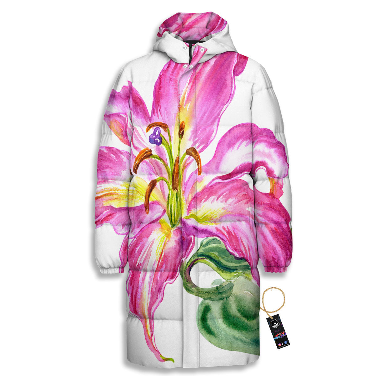 Lily Pink Watercolor Print Long Down Jacket-grizzshop