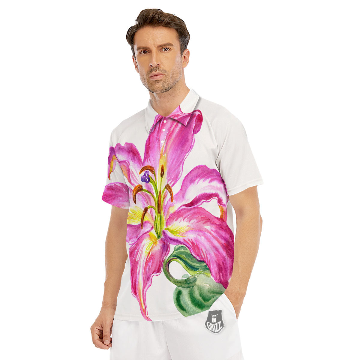 Lily Pink Watercolor Print Men's Golf Shirts-grizzshop