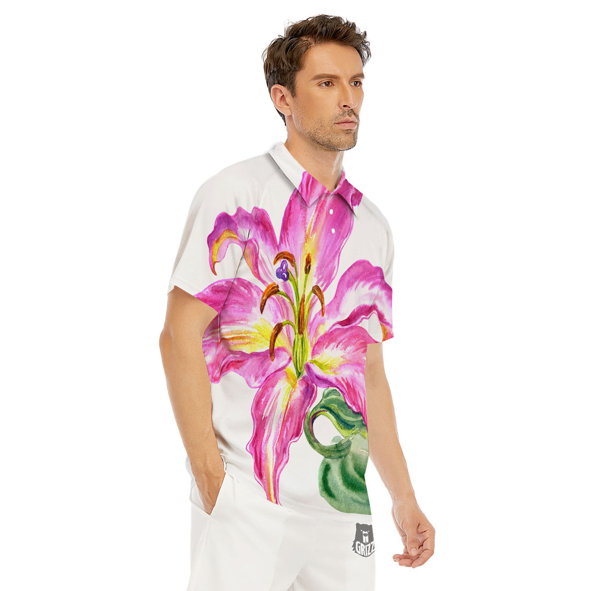 Lily Pink Watercolor Print Men's Golf Shirts-grizzshop