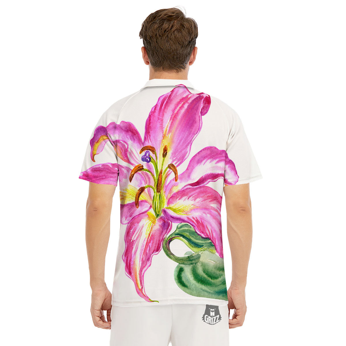 Lily Pink Watercolor Print Men's Golf Shirts-grizzshop